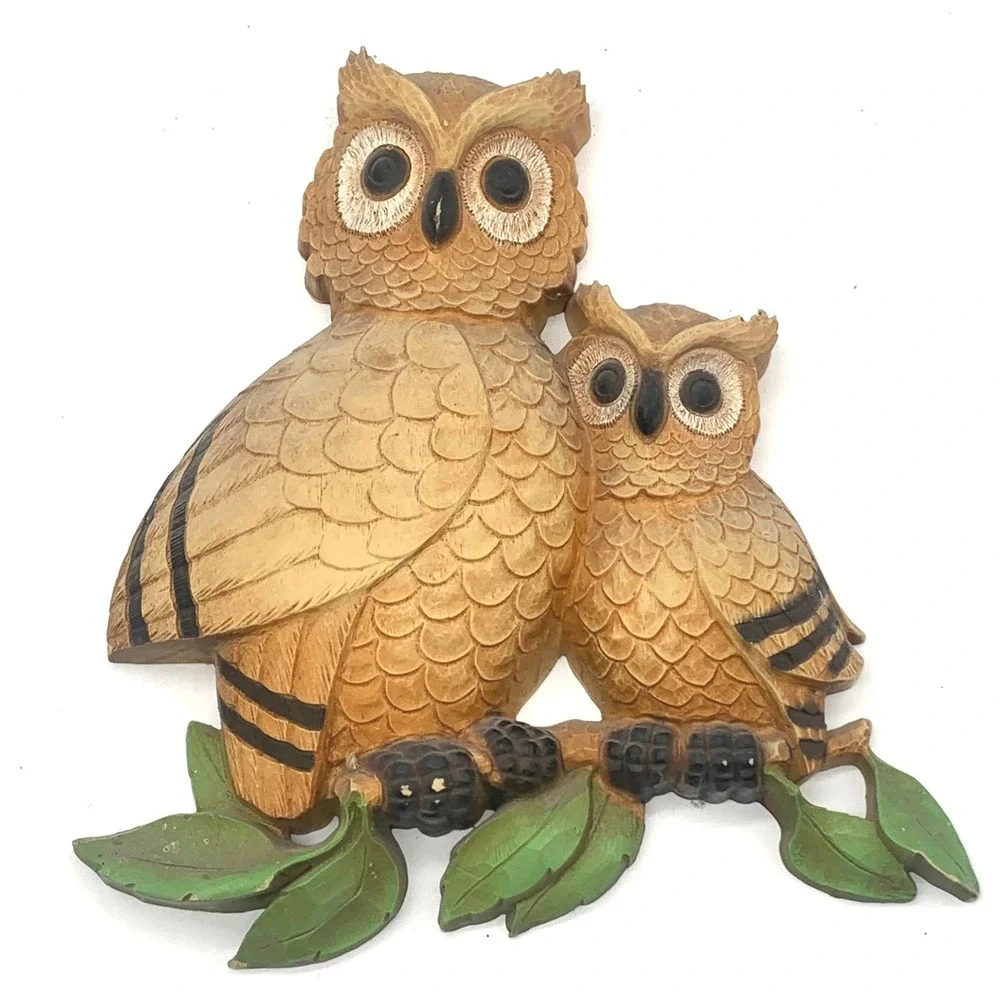 Vintage 1976 Homco Owl Wall Plaques Set of 2 Faux Wood Resin Decor 7403